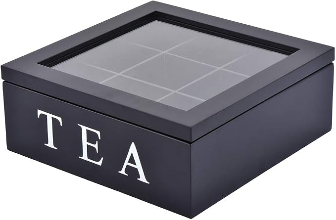 Wood Tea Storage Box, Teabag Storing 9 Compartments Wooden Tea Box Hinged Glass Lid Tea Organizer-Black - Image 9