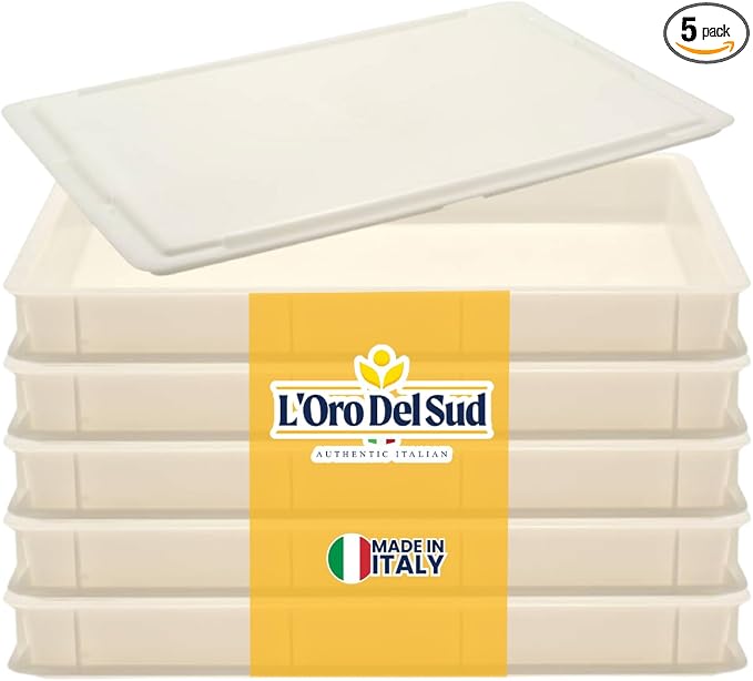 L'Oro Del Sud Commercial Dough Proofing Box Tray with Lid, White, 5 Pack | 23.6" x 15.74" x 2.75" Stackable Pizza Dough Container, Impact & Temperature Resistant Bin, Pizza Tray, Product of Italy by LOroDelSud