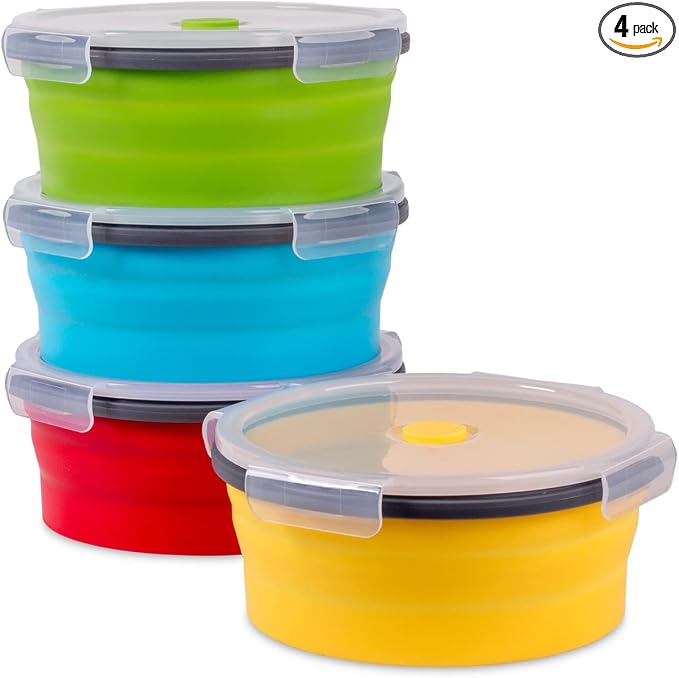 Collapsible Food Storage Containers with Airtight Lid, 40.5 oz, Kitchen Stacking Silicone Collapsible Meal Prep Container Set for Leftover, Microwave Freezer Dishwasher Safe, 4 Colors Round, Set of 4 by Annaklin