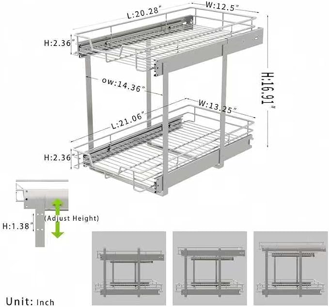 EZKAZA Pull Out Cabinet Organizer 14.5" W x 21" D, 2-Tier Kitchen Cabinet Pullout Shelf and Drawer Organizer Slide Out Pantry Storage Basket, 12.2" W x 21" D x 2.4" H for Bottom Basket Size - Image 3