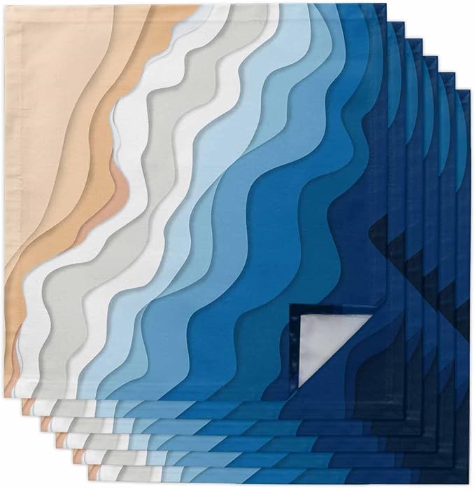 Blue White Sea Waves Cloth Napkins Washable Set of 6, 20 x 20 Inch Reusable Coastal Ombre Abstract Beach Ocean Stripes Dinner Table Napkins Cloth Bulk for Wedding Kitchen Restaurant Hotel Event Party by SODIKA