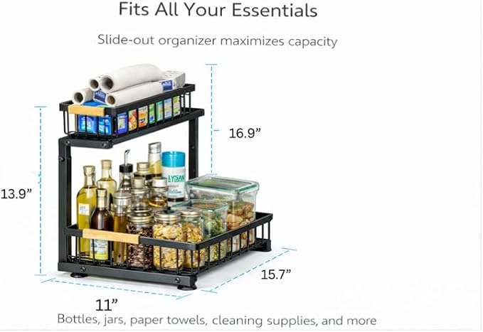 Lumela Under Sink Organizer, 2-Tier Slide-Out Cabinet Organizer Shelf, Height Adjustable Metal Pull-Out Storage Rack with Wood Handle for Kitchen & Bathroom Cabinets (Black) - Image 3