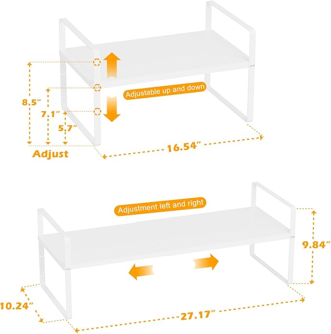 Slideep Expandable Counter Organizer Shelf, Stackable Cabinet Shelves Organizer Storage Rack Cupboard Stand Spice Rack for Kitchen Bathroom Pantry White -2 Set - Image 2