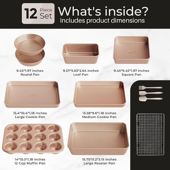 12-Piece Nonstick Bakeware Set with Baking Pan - Ceramic Coated Gold | Baking Set with Baking Pan, Cake Pan, Muffin Pan, Loaf Pan, Square Pan, Roasting Pan, Cookie Pan, Cooling Rack & Utensils - Image 2