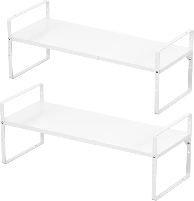 Expandable Cabinet Storage Shelf Organizer Rack, Heavy Duty Cupboard Stand Spice Rack Adjustable Height Garage Pantry Shelf Space Riser for Counter Kitchen Organization, White, 2 Pack - Image 8