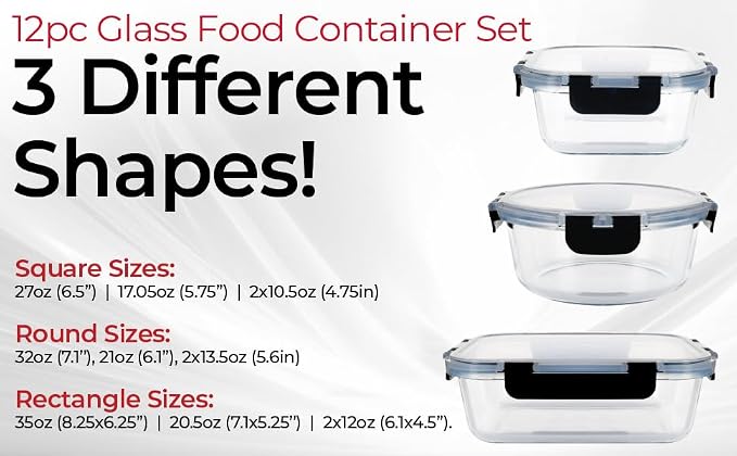 Magic Mill Premium Borosilicate Glass Food Storage Containers with lids Set | 24pc Sets with 12 Bowls & 12 Airtight Locking Lids for Lunch & Meal Prep, Safe for Oven, Freezer, Dishwasher, BPA-Free - Image 7