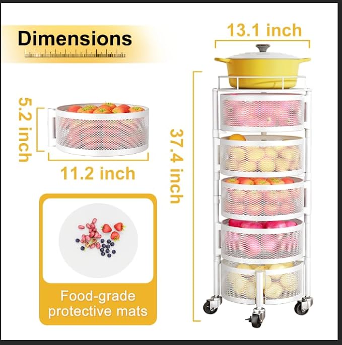 SNTD Fruit and Vegetable Basket Bowls for Kitchen with Metal Top Lid, 5 Tier Rotating Storage Rack Cart for Potato Onion Banana, Wire Basket Organizer on Wheels, Large (White) - Image 2