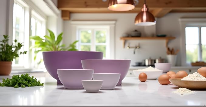 5-Piece Non-Spill Plastic Mixing Bowl Set, Dusty Plum | Reusable Nesting Kitchen Bowls with Concave Inner Lip and Non-Slip Base - Image 7
