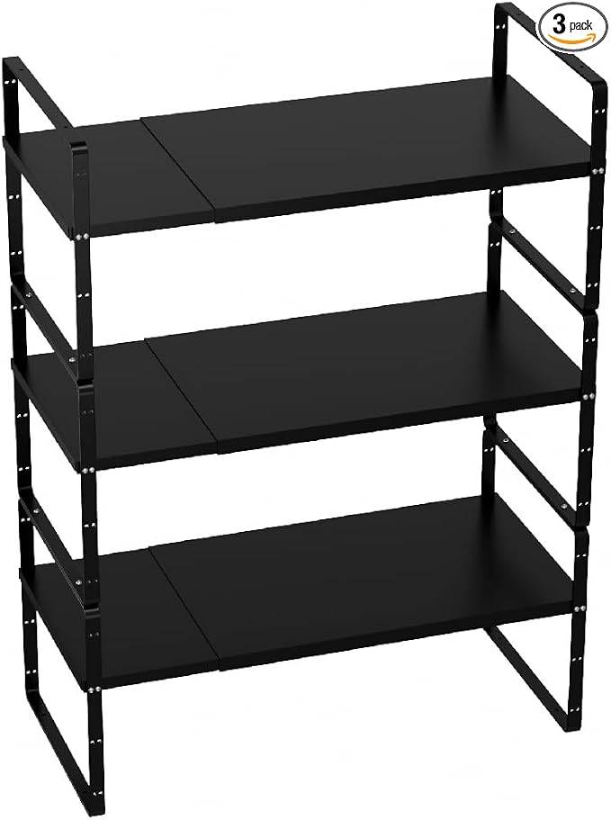 Slideep Expandable Cupboard Organizer,Large Kitchen Cabinet Organizer Stackable Shelf Organizer large Expandable Shelves, Counter Pantry Storage Organization, Black, 16" to27 L x 10" W, 3 pack by WelcometotheSlideep