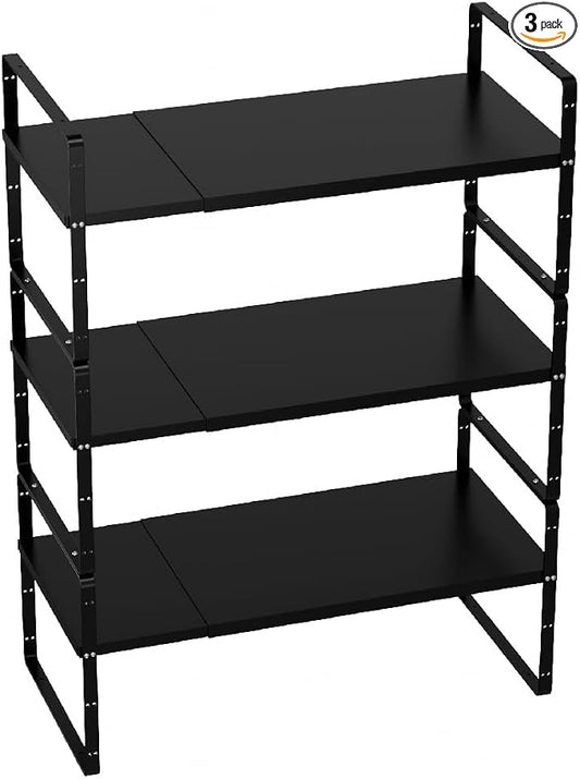 Slideep Expandable Cupboard Organizer,Large Kitchen Cabinet Organizer Stackable Shelf Organizer large Expandable Shelves, Counter Pantry Storage Organization, Black, 16" to27 L x 10" W, 3 pack by WelcometotheSlideep