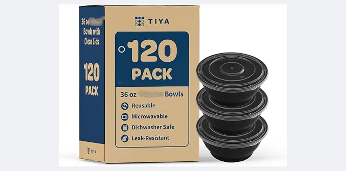 TIYA Food Bowls - 36 oz Bulk 120 Pack with Lids - Black Plastic To-Go Containers - Reusable, Microwavable, Dishwasher Safe - Leak-Resistant for Soups & Meal Prep - BPA-Free by TTIYA