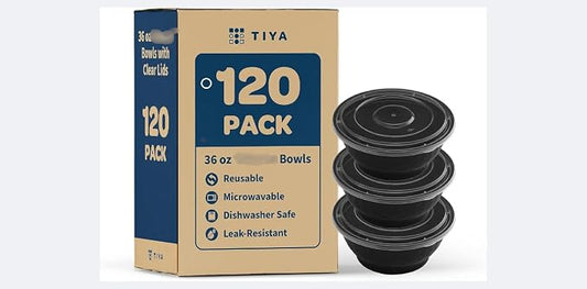 TIYA Food Bowls - 36 oz Bulk 120 Pack with Lids - Black Plastic To-Go Containers - Reusable, Microwavable, Dishwasher Safe - Leak-Resistant for Soups & Meal Prep - BPA-Free by TTIYA