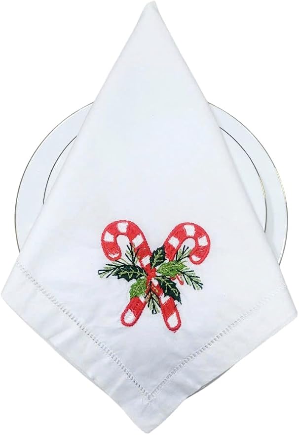 – Embroidered Cloth Napkins Double Candy Christmas Design, Set of 6, Cotton Hemstitch Table Napkins 20x20, Machine Washable – Festive & Elegant Holiday Dining, Ideal Gift Idea - Image 9