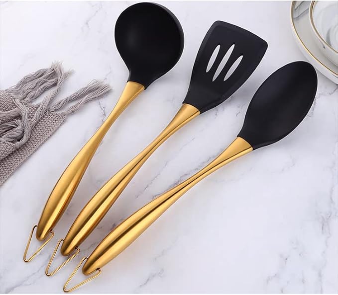 Silicone Cooking Utensil Set, 6 pcs Silicone Cooking Kitchen Utensils Set, Non-stick Kitchen Cookware Titanium Stainless Steel Handle with Utensil Holder, Spatula Set for Cooking -Silver - Image 9
