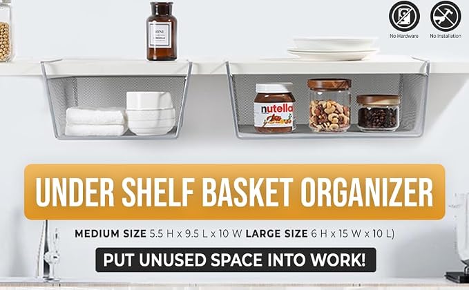 YBM Home Under Shelf Basket (6-Pack) Mesh Stainless Steel Storage Under Cabinet Hanging Basket Rack Maximize Space in Cabinets, Pantry Room, Bathroom, Laundry Room, and More, 1131 - Image 3