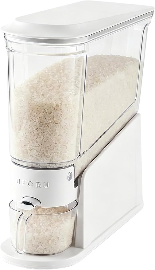 UFORU Slim Rice Dispenser 11 LB,Clear Rice Storage for Small Spaces | White,BPA-Free Sealed Design for Rice, Grain and Cereal,Rice Container Fits Narrow Pantry Shelves and Countertops by UFORU