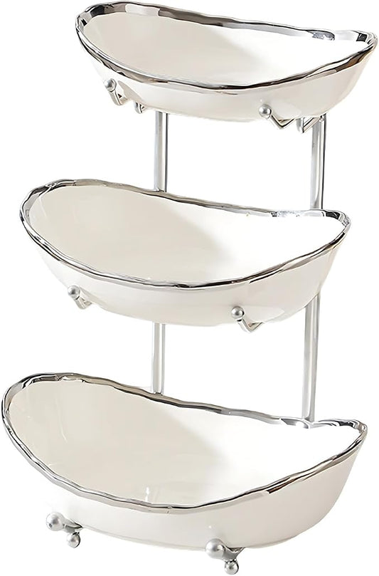 3 Tier Fruit Bowl for Kitchen Counter,Ceramic Bowl with Metal Stand,3 Tier Fruit Basket for Vegetable Bread Candy Snack Nuts Dessert Cake Tray (White Bowl Silver Rack) by jessie