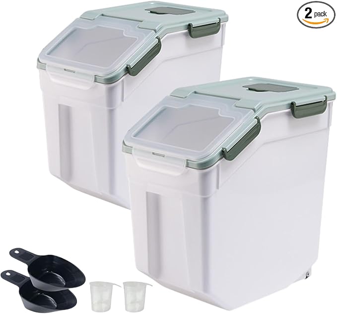Rice Storage Container 25 lbs, 2 Packs Large Flour Storage Containers with Seal Locking Lid & Wheels, BPA Free Rice Dispenser, Measuring Cup | Scoop, for Sugar Cereal Dry Food, Dog Pet Food Bin -Green by Mairuker