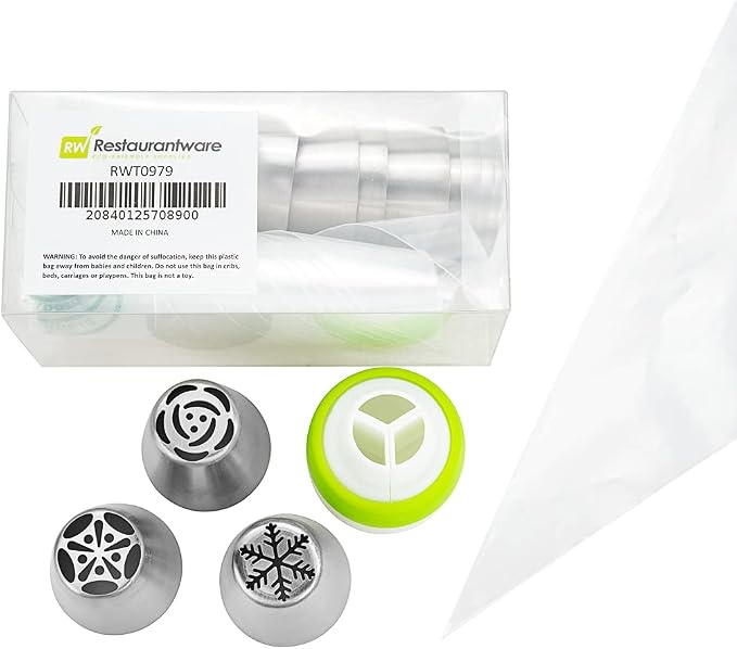 Pastry Tek Russian Piping Tips Set, 21 Piece Durable Cake Decorating Kit - 10 Piping Tips, 10 Piping Bags, Stainless Steel Piping Bags And Tips Set, 1 Tri-Color Coupler, - Restaurantware by Restaurantware
