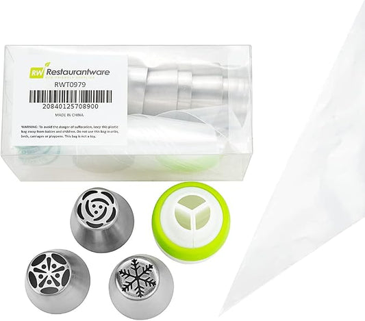 Pastry Tek Russian Piping Tips Set, 21 Piece Durable Cake Decorating Kit - 10 Piping Tips, 10 Piping Bags, Stainless Steel Piping Bags And Tips Set, 1 Tri-Color Coupler, - Restaurantware by Restaurantware