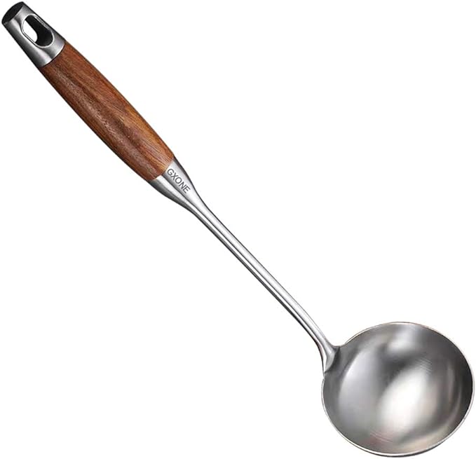 Soup Ladle,304 Stainless Steel Cooking Ladle with Wooden Handle,14.6Inch | Large soup ladle,cooking spoon for wok,for serving soups and stew by GXONEHomeKitchen