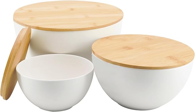 ECOWAY Salad Bowl Set of 3 with Bamboo Wooden Lids, Mixing Bowls Set, Nesting Bowls for Space Saving Storage, Made with Durable Eco-Friendly Bamboo Fiber, Great for Prepping and Serving Food, White - Image 2