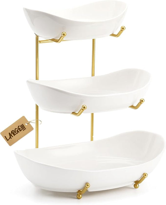 Large Size 3 Tier Ceramic Fruit Bowl,（13.4, 11 and 9.1 inch Plate）More Storage Space, Golden Metal Stand for Kitchen Counter,Porcelain Fruit Basket for Countertop, Snack, Nuts, Cake, Dessert - White by Unknown