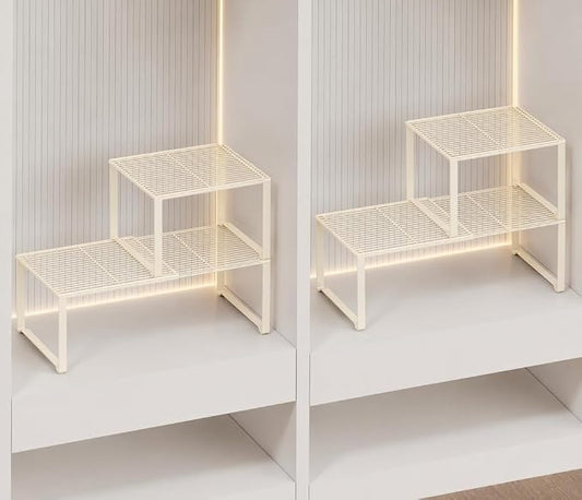 Extendable Metal Wire Shelf Organizer - Adjustable 15-24.4in Length, Stackable Storage Rack for Kitchen/Pantry/Bathroom/Shoe Cabinet/Tool Closet (Cream, 4 Pack) by HGZBS