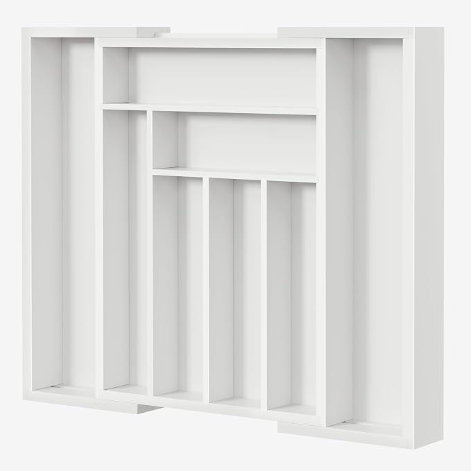 Pipishell Bamboo Expandable Drawer Organizer for Utensils Holder, Adjustable Cutlery Tray, Wood Drawer Dividers Organizer for Silverware, Flatware, Knives in Kitchen, Bedroom, Living Room (White) by Pipishell