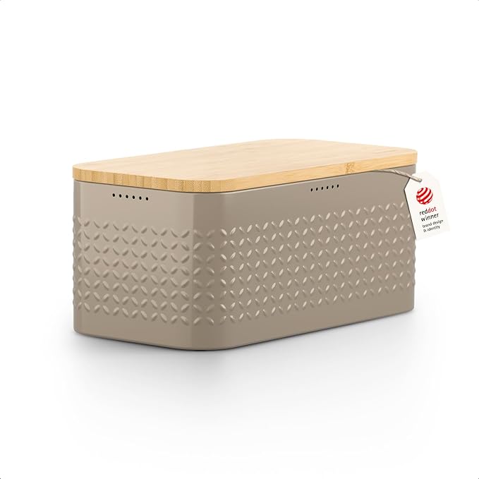 LARS NYSØM Bread Box I Metal bread box for long lasting freshness with non-slip pads I Baked goods Bin with bamboo lid usable as cutting board I 13.6x7.3x6.2in (Taupe Brown) by LN