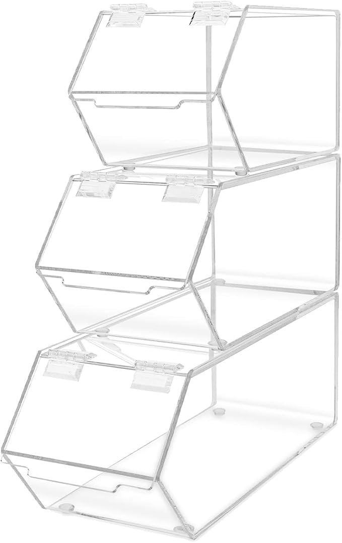 Marketing Holders Stackable Candy Bins 3 Piece Small Medium and Large Storage Caddys with Hinged Lid for Ice Cream Toppings Candies Nuts Granola Cereal and Wrapped Snacks Clear Acrylic by MarketingHolders