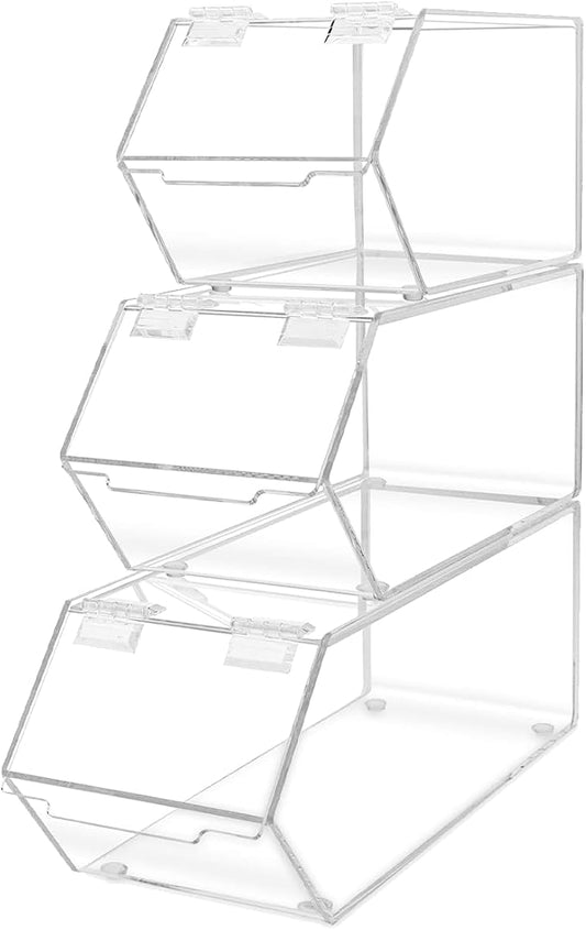 Marketing Holders Stackable Candy Bins 3 Piece Small Medium and Large Storage Caddys with Hinged Lid for Ice Cream Toppings Candies Nuts Granola Cereal and Wrapped Snacks Clear Acrylic by MarketingHolders