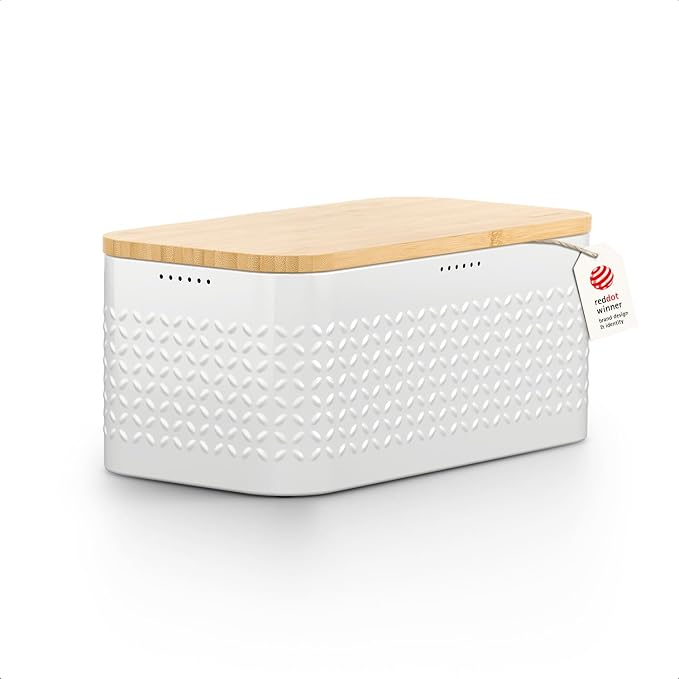 LARS NYSØM Bread Box I Metal bread box for long lasting freshness with non-slip pads I Baked goods Bin with bamboo lid usable as cutting board I 13.6x7.3x6.2in (Pure White) by LN