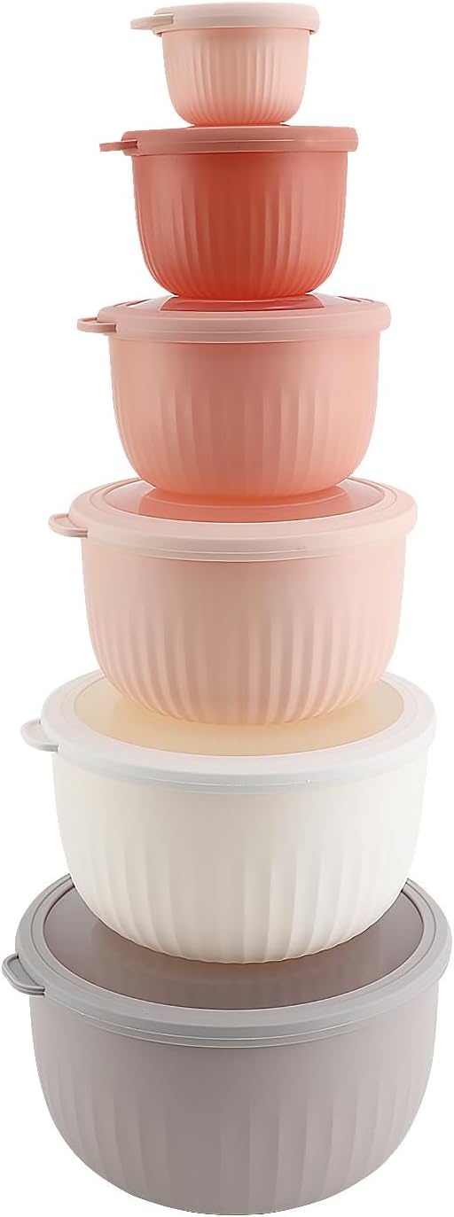 COOK WITH COLOR Prep Bowls with Lids- Wide and Deep Nesting Plastic Small Mixing Bowl Set with Lids, 12 Piece Set - Deep Bowls, Grey/Pink by CookwithColor