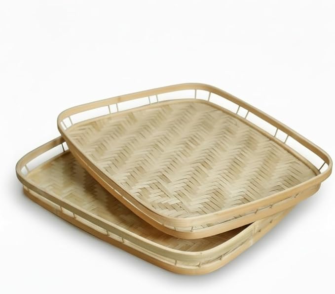 PEMAR Wicker Serving Trays w Handles,Rectangular Hand-Woven Lap Trays,Bamboo Bedroom Trays,Cabin Trays for Foods & Drinks. Decorative Trays for Coffee Tables,Breakfast,Dinners,Bed Eating. 2 Pack Set by PEMAR