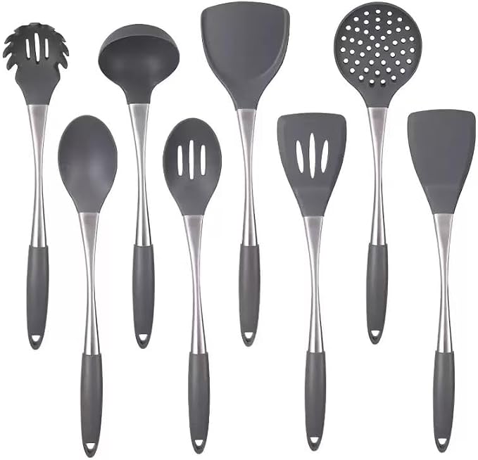 8-Piece Silicone Kitchen Utensil Set, Grey & silvery 304 Stainlss Steel, Heat Resistant Cooking Tools with Comfort Handles- Includes Spatula & Spoon for Nonstick Cookware (Grey & silvery) by Unknown