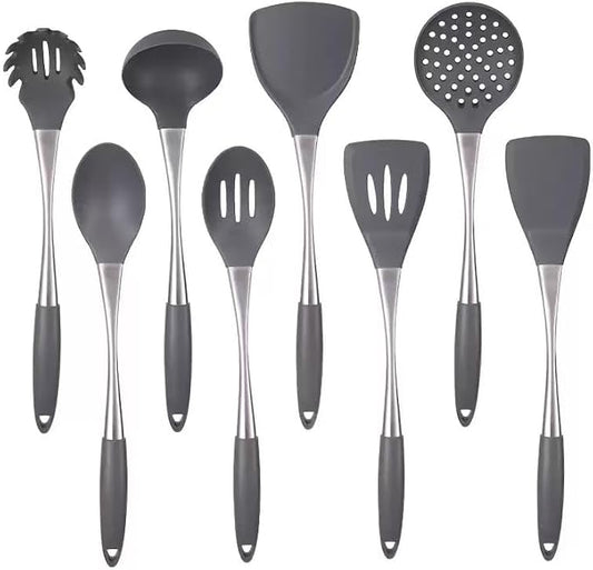 8-Piece Silicone Kitchen Utensil Set, Grey & silvery 304 Stainlss Steel, Heat Resistant Cooking Tools with Comfort Handles- Includes Spatula & Spoon for Nonstick Cookware (Grey & silvery) by Unknown
