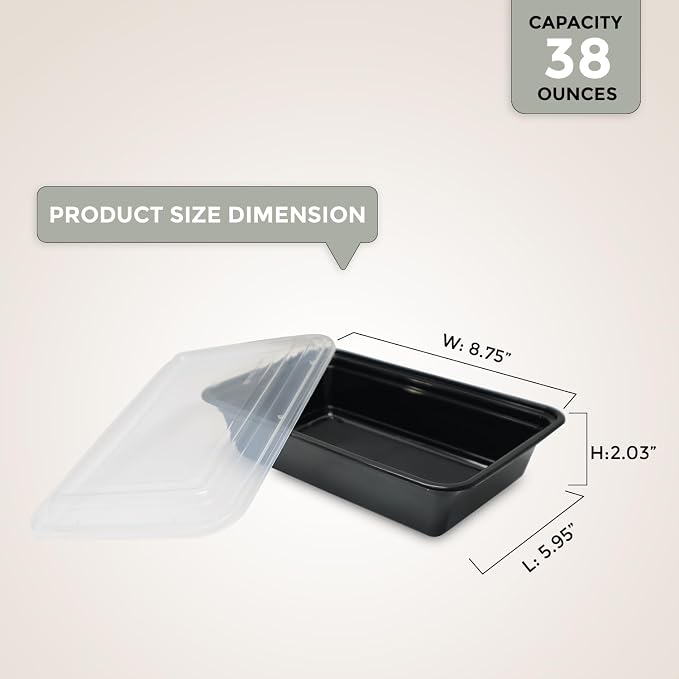 Klex 38 Oz, 150 Sets Meal Prep Containers with Airtight Lids, BPA Free, Reusable Plastic Food Container, 38 oz, Rectangular, Black/Clear, 150 Sets - Image 7