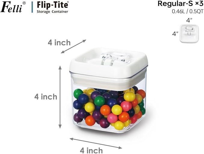 Felli Flip Tite Food Storage Container 4" Small Size Airtight Lid Lock Top, Stackable Kitchen Canister for Space Saving, Pantry Fridge Cupboard Organizer, Spice Seasoning Pet Treats Snack (0.5 qt) - Image 3