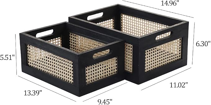 Wood Baskets, Rattan Storage Baskets for Organizing, Black, Set of 2 - Image 3
