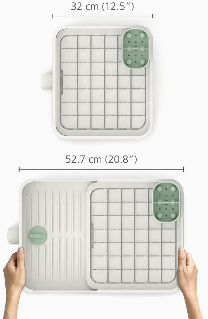 Joseph Joseph Extend Expandable Dish Drainer Rack with Removable Flatware Holder Swivel Draining Spout - Stone/Sage Green - Image 2