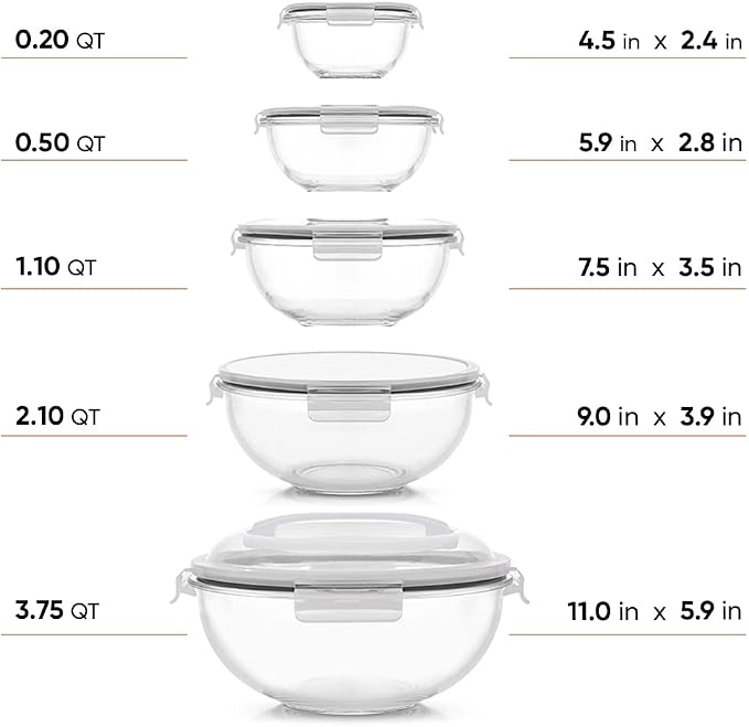 JoyJolt Kitchen Mixing Bowls. 5pc Glass Bowls with Lids Set – Neat Nesting Bowls. Large Mixing Bowl Set incl Batter Bowl, Cooking Bowls, Storage Bowls with Lids and Big Salad Bowl with BPA-Free Lids - Image 2