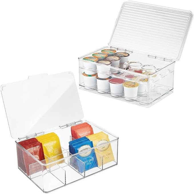 mDesign Plastic Stackable Divided Storage Organizer with Lid for Tea Bags and Coffee Pods in Kitchen Cabinet, Countertop, Ligne Collection, Includes 1 Tea Organizer and 1 Coffee Pod Organizer, Clear by mDesign