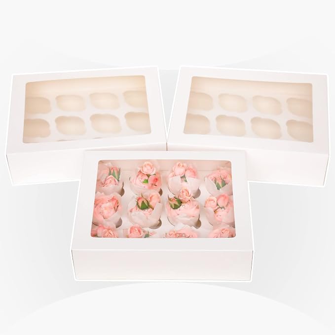 qiqee Auto-pop Up Cupcake Boxes with Window White 40PCS 12 Count Cupcake Box 13"x10"x3.5" Cupcakes Carrier, 12 Cupcake Containers with 2 rolls of pink ribbons - Image 2