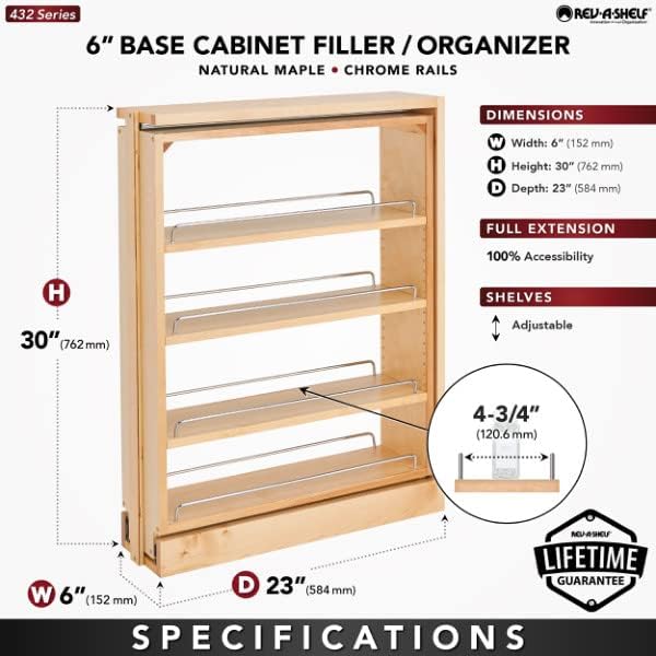 Rev-A-Shelf Pull Out Cabinet Organizer 432-BF-6C, Multi-Use 6-Inch Kitchen Cabinet Base Filler Wood with 3 Adjustable Shelves for Storage and Organizing, Wholesalehome Installation Kit Included - Image 3