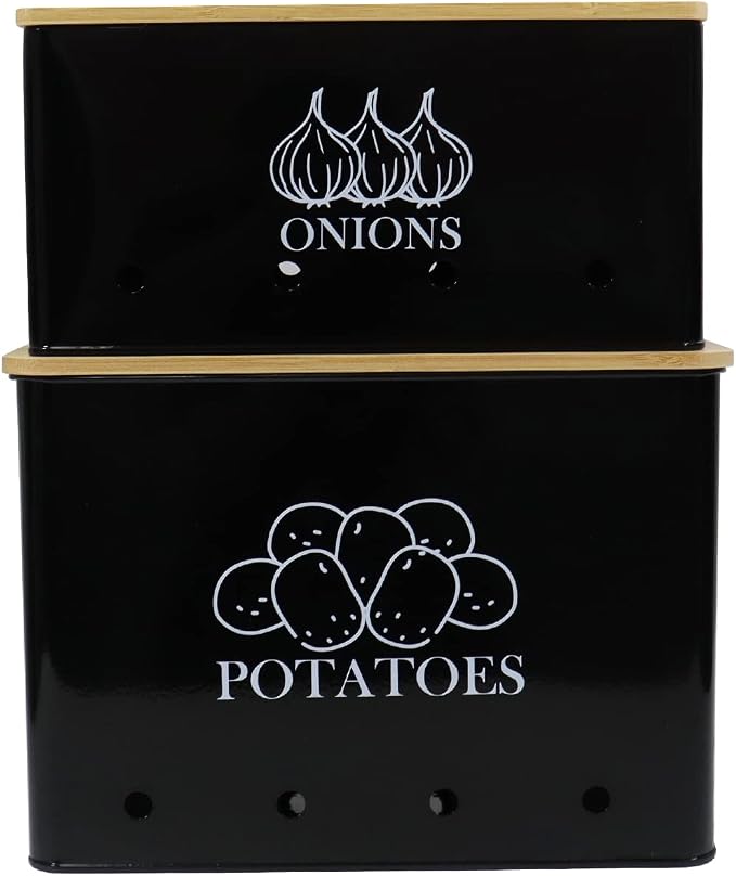Potato and Onion Storage Bin Set of 2, Vented Metal Vegetable Storage with Wooden Lids, Farmhouse Kitchen Canisters for Countertop Pantry Organizer, Potato Bin Onion Holder for Produce Storage, Black by Gdfjiy