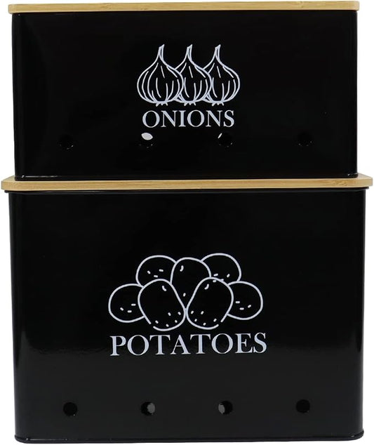 Potato and Onion Storage Bin Set of 2, Vented Metal Vegetable Storage with Wooden Lids, Farmhouse Kitchen Canisters for Countertop Pantry Organizer, Potato Bin Onion Holder for Produce Storage, Black by Gdfjiy