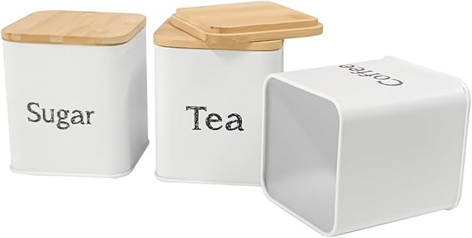 SOTECH Bread Box with 3pcs Jars Coffee Sugar Tea for Kitchen Countertop White Metal Bread Box with Bamboo Board Cover Pastry Storage Container Set Kitchen decor (white box with jars) - Image 8