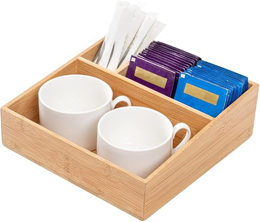 Restaurantware-8.3 x 8.3 x 2 Inch Coffee Condiment Organizer, 1 Square Creamer Organizer - 3 Compartments, Break-Resistant, Bamboo Coffee Accessory Caddy, Won't Chip, For Sugar Packets And Creamers by Restaurantware