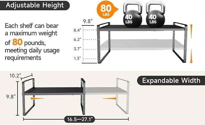16.5~27.1" Expandable Shelf，2Pack 8.1" Wide Adjustable Height Cabinet Shelves，Black - Image 6